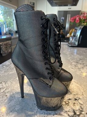 Pleaser Adore-1020HFN Silver Holographic Fishnet Platform Boots - Size 7